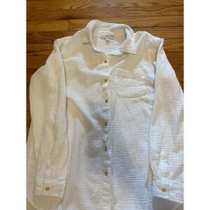 Anne Klein Jeans Womens White Gauze Button Down Shirt Gold Buttons Crinkle Top M